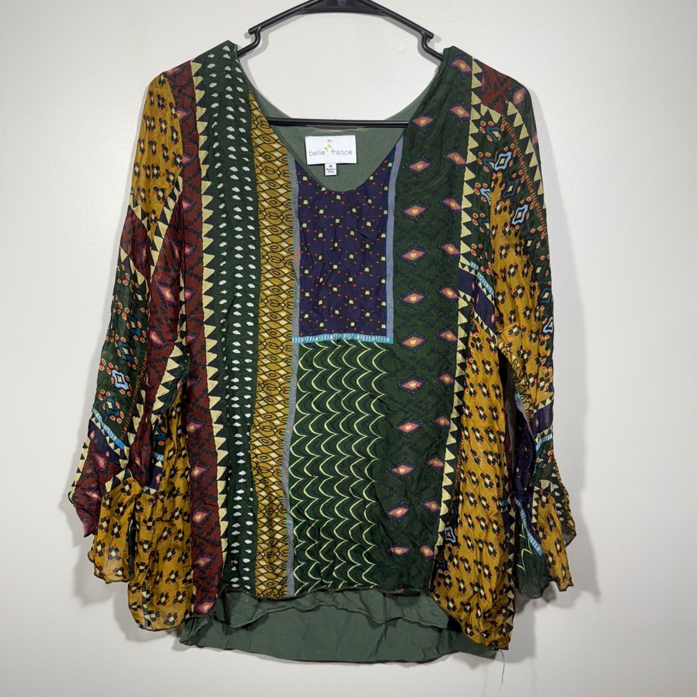 Belle France Italy‎ Patchwork Print Blouse Top Size M Viscose Silk
